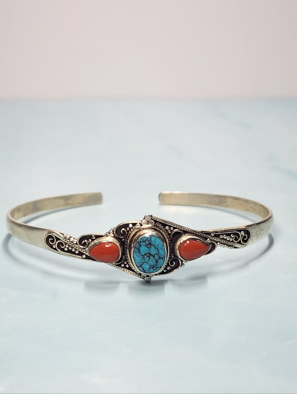 Turquoise, Coral and Sterling Silver Cuff Bracelet - Southwestern